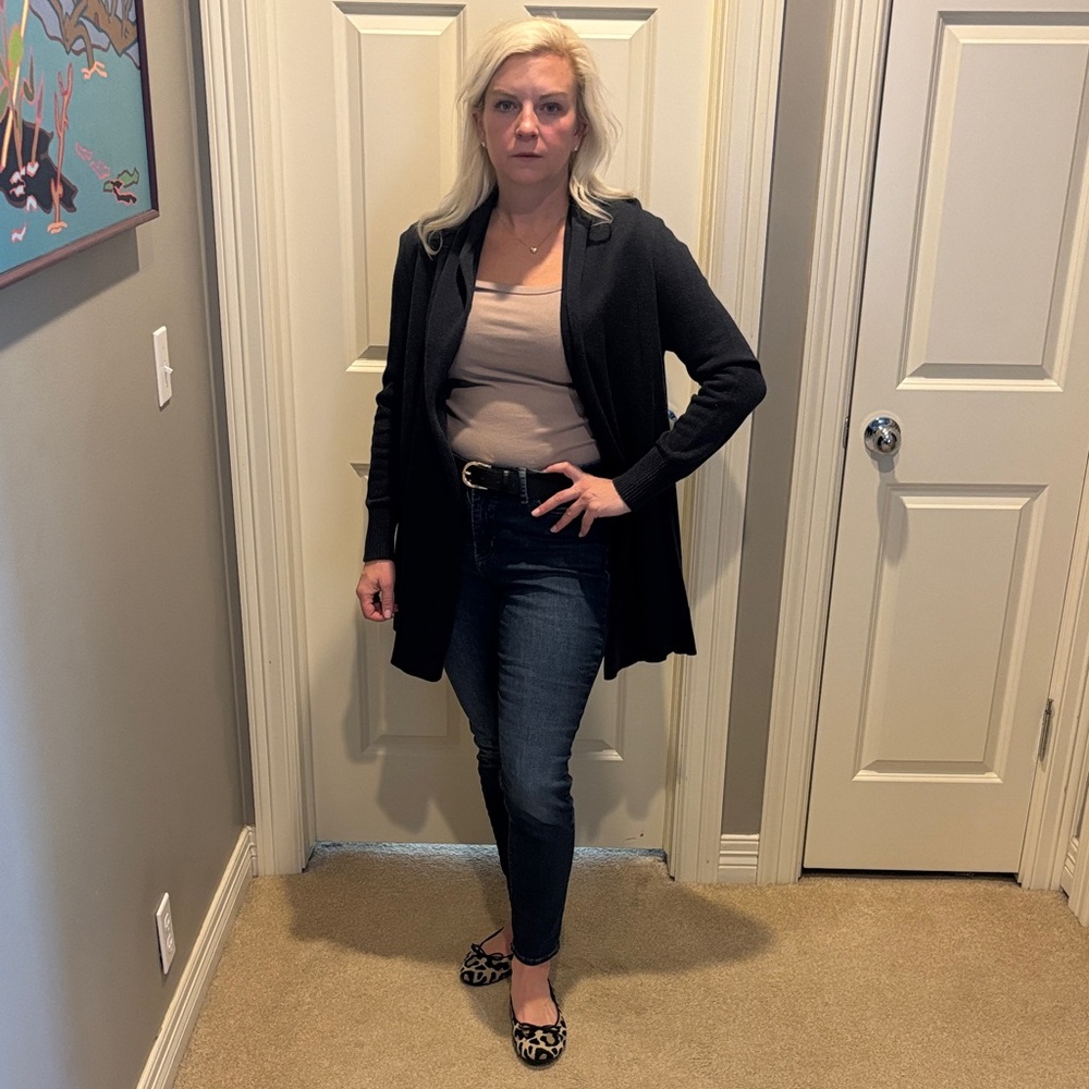 CAbi Black Open-Front Cardigan with Beige Tank